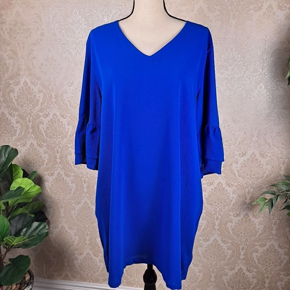 Belongsci XXL Cobalt Blue Sheath Dress Statement Ruffle Sleeves V-Neck